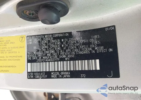 2004 Toyota Highlander Limited z USA, uszkodzony, nr VIN JTEEP21A040031979